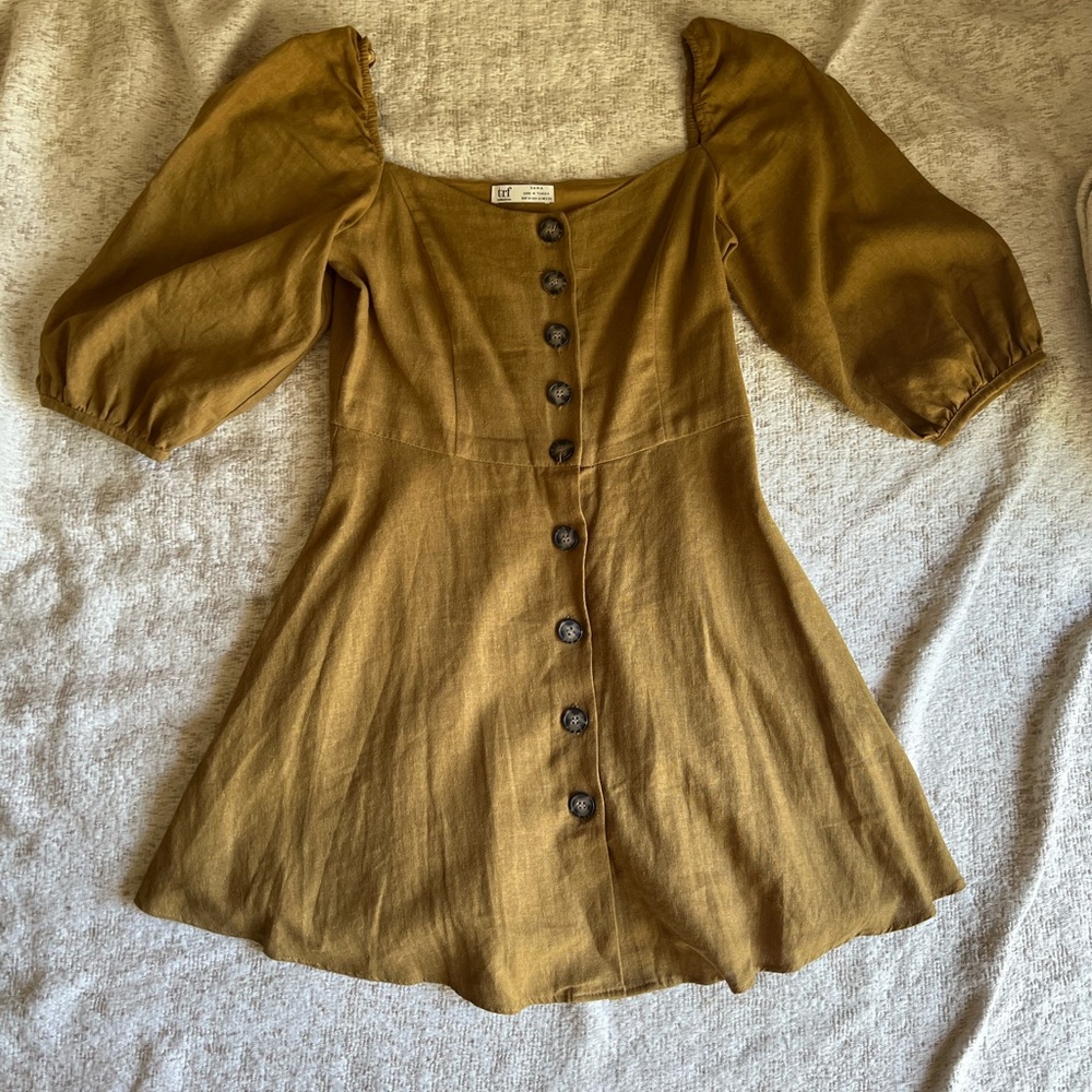 Zara olive linen puff sleeve mini dress size M
